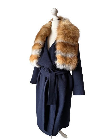 Navy Wrap Elegant Women coat, Long Belted Feminine Overcoat Trim Fox Fur, Cashmere Woolen blend Coat Wrap - My Love Cape