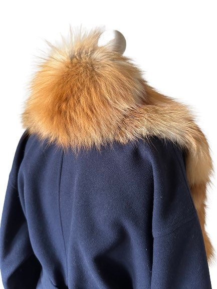 Navy Wrap Elegant Women coat, Long Belted Feminine Overcoat Trim Fox Fur, Cashmere Woolen blend Coat Wrap - My Love Cape