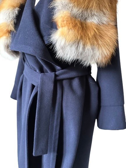 Navy Wrap Elegant Women coat, Long Belted Feminine Overcoat Trim Fox Fur, Cashmere Woolen blend Coat Wrap - My Love Cape