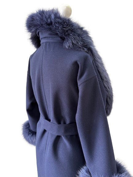 Navy Wrap Elegant Women coat, Long Belted Feminine Overcoat Trim Fox Fur, Woolen blend Coat Wrap - My Love Cape