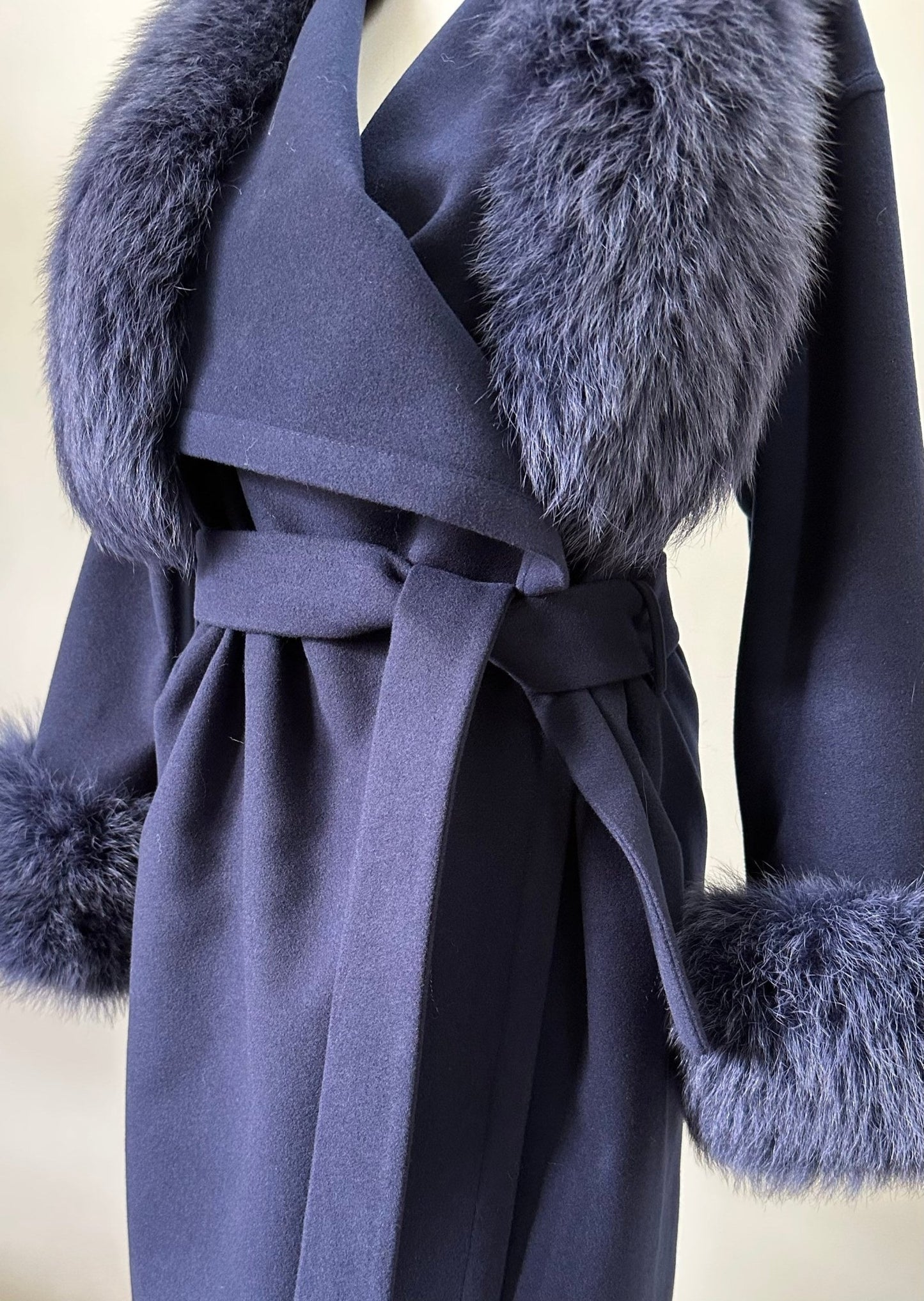 Navy Wrap Elegant Women coat, Long Belted Feminine Overcoat Trim Fox Fur, Woolen blend Coat Wrap - My Love Cape