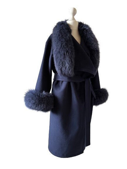 Navy Wrap Elegant Women coat, Long Belted Feminine Overcoat Trim Fox Fur, Woolen blend Coat Wrap - My Love Cape