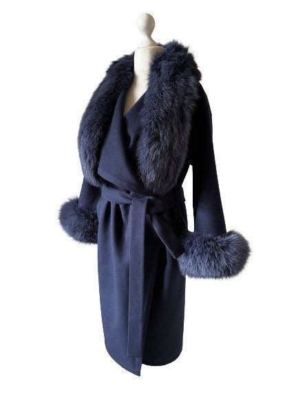 Navy Wrap Elegant Women coat, Long Belted Feminine Overcoat Trim Fox Fur, Woolen blend Coat Wrap - My Love Cape