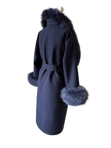 Navy Wrap Elegant Women coat, Long Belted Feminine Overcoat Trim Fox Fur, Woolen blend Coat Wrap - My Love Cape