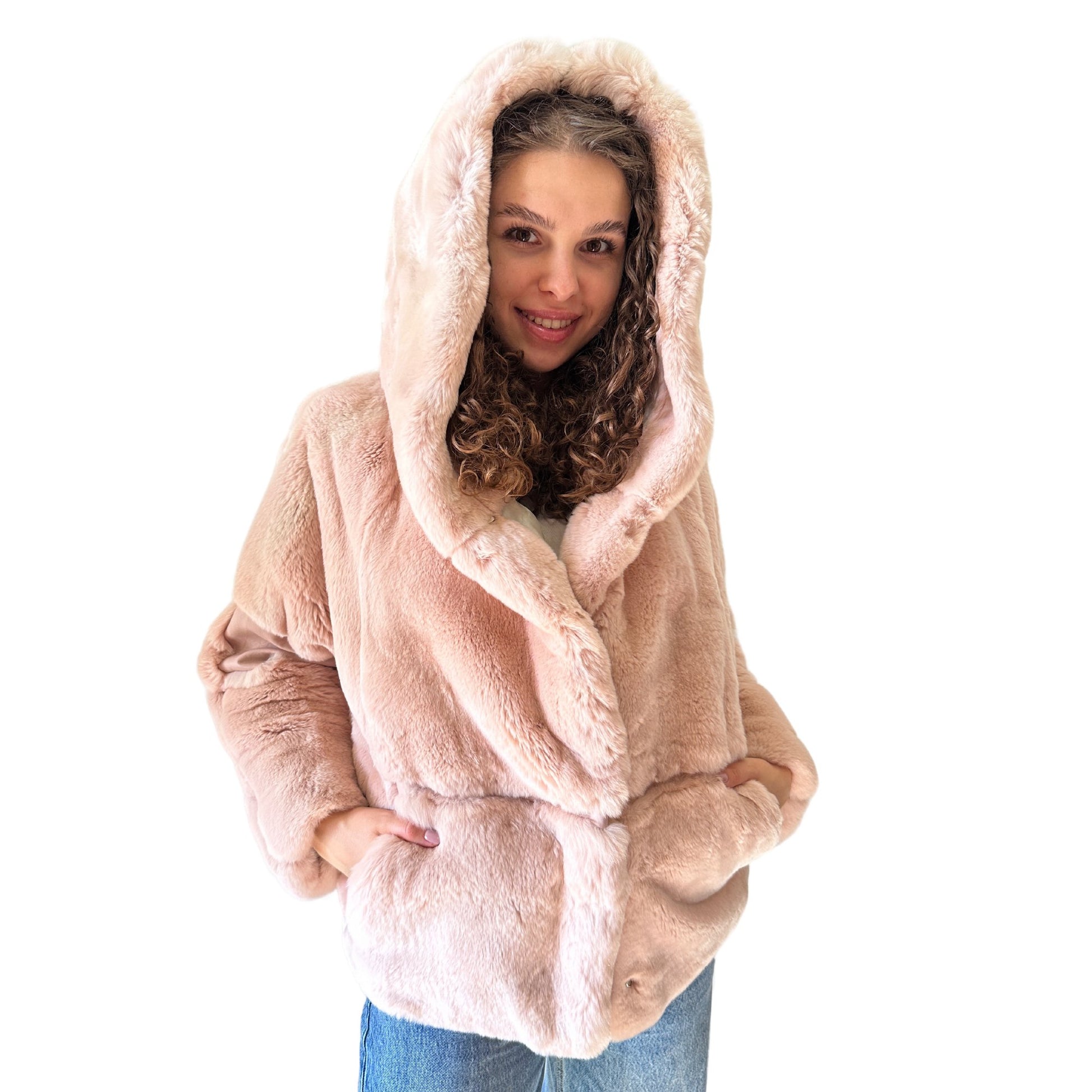 Pink Fur Coat Women’s Jacket Rabbit Rex Fur and Leather - My Love Cape