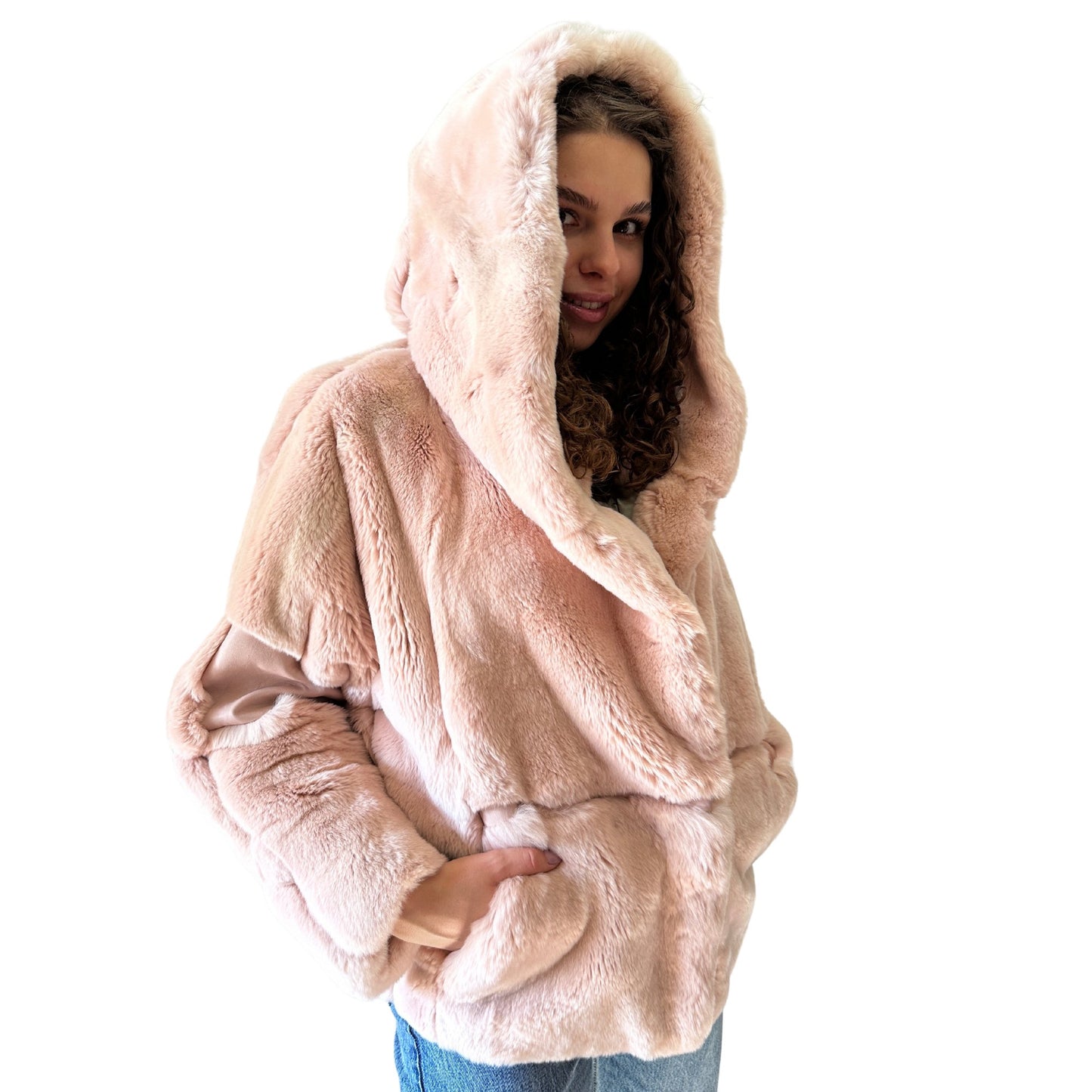 Pink Fur Coat Women’s Jacket Rabbit Rex Fur and Leather - My Love Cape