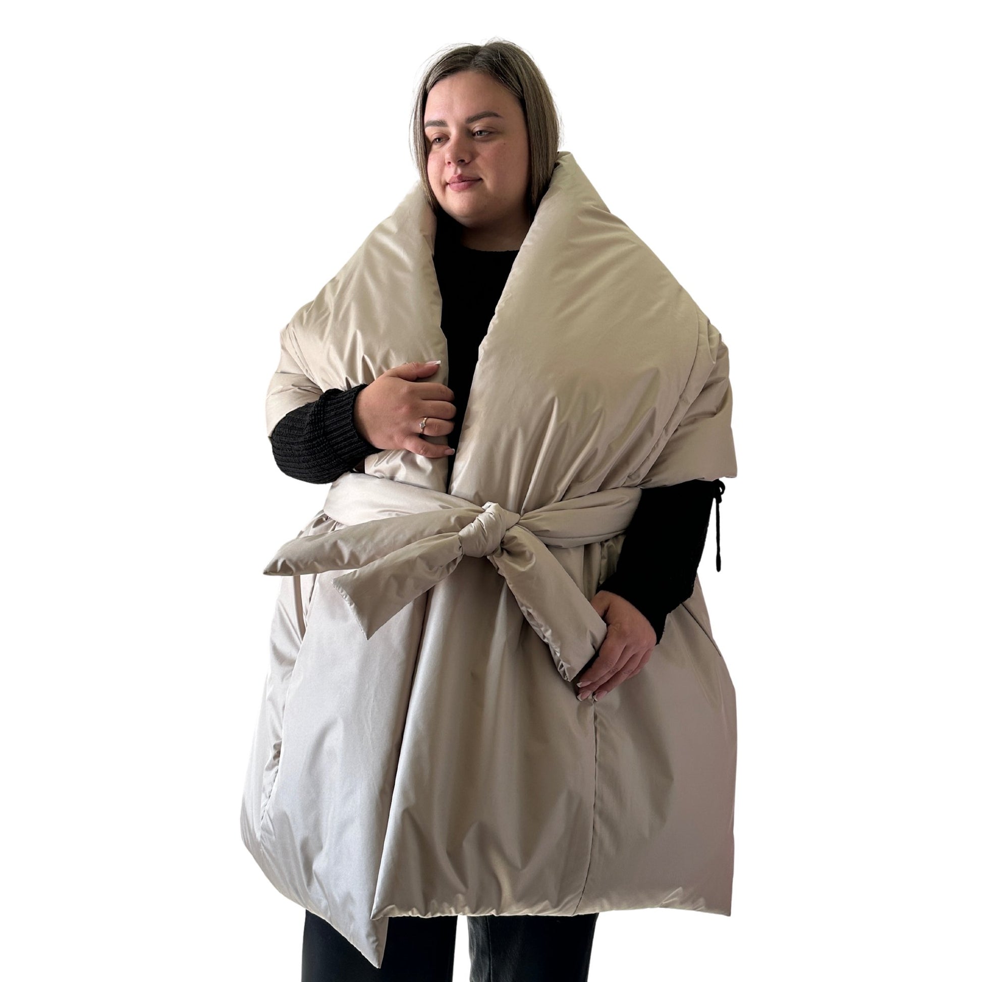 Plus Size Beige Puffer Scarf – Long Wide Scarf, 25x100 inches with 2 Pockets and Belt - My Love Cape