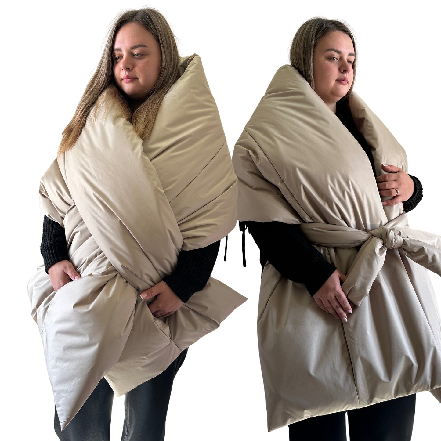 Plus Size Beige Puffer Scarf – Long Wide Scarf, 25x100 inches with 2 Pockets and Belt - My Love Cape