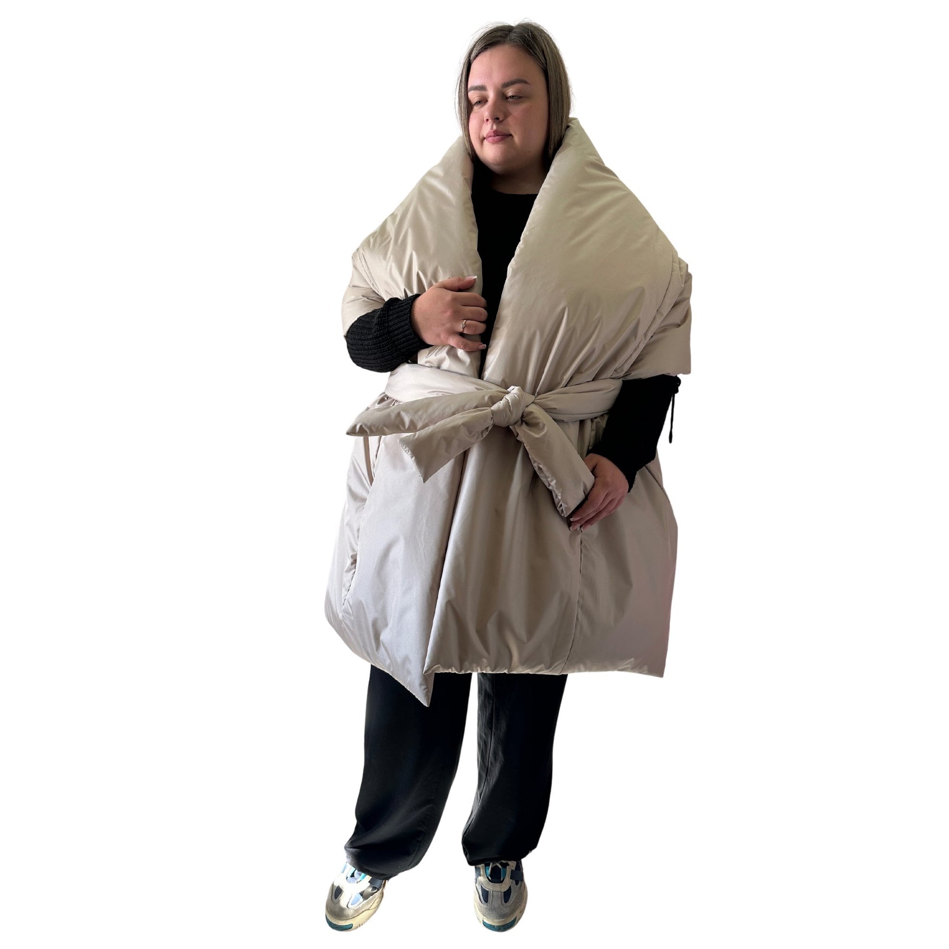 Plus Size Beige Puffer Scarf – Long Wide Scarf, 25x100 inches with 2 Pockets and Belt - My Love Cape