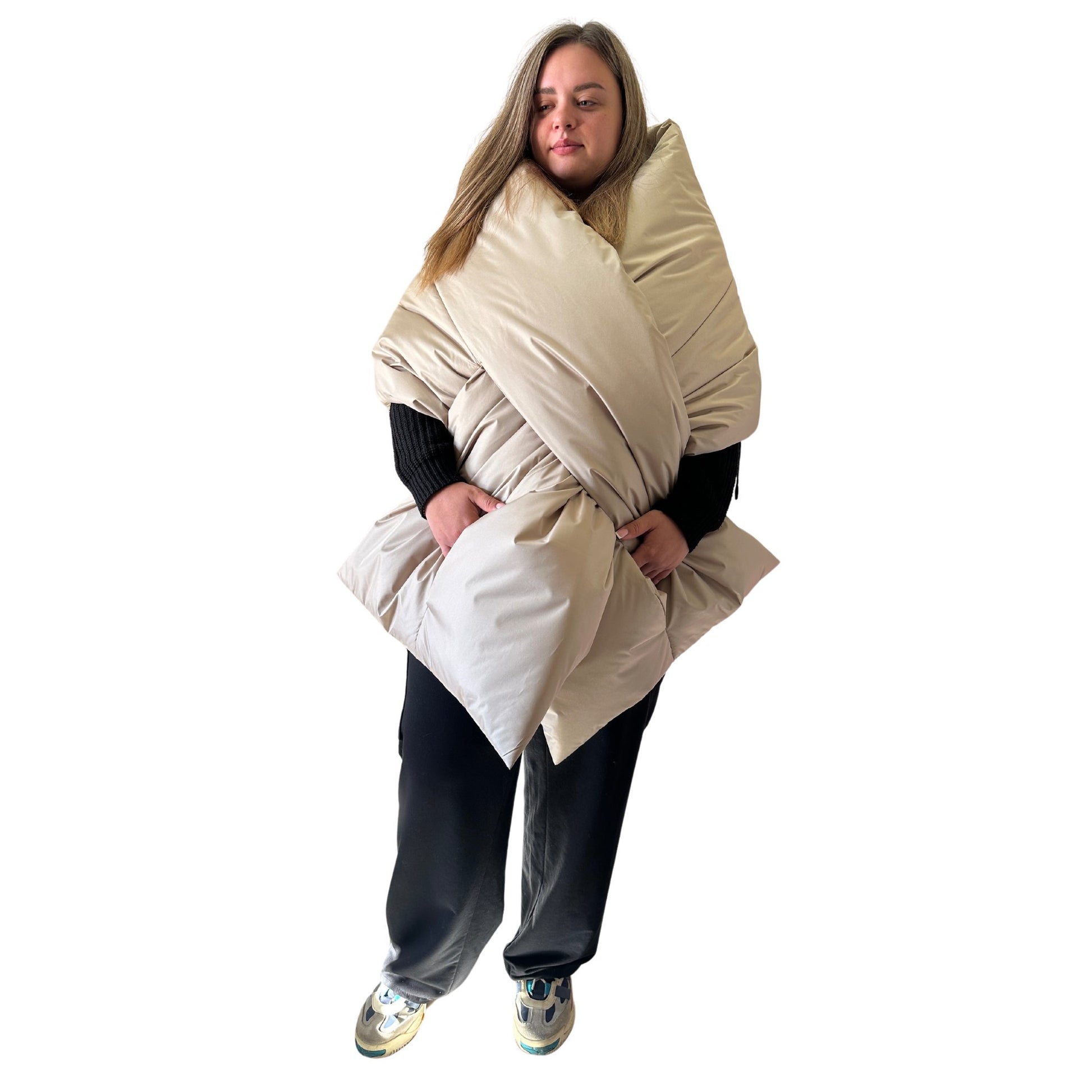 Plus Size Beige Puffer Scarf – Long Wide Scarf, 25x100 inches with 2 Pockets and Belt - My Love Cape