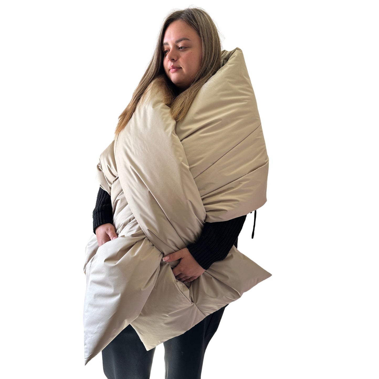 Plus Size Beige Puffer Scarf – Long Wide Scarf, 25x100 inches with 2 Pockets and Belt - My Love Cape