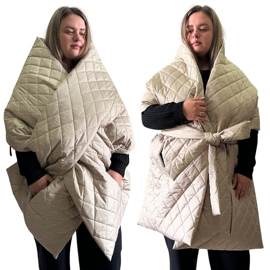 Plus Size Beige Quilted Scarf – Long Wide Puffer Scarf 25x100 inches with 2 Pockets and Belt - My Love Cape