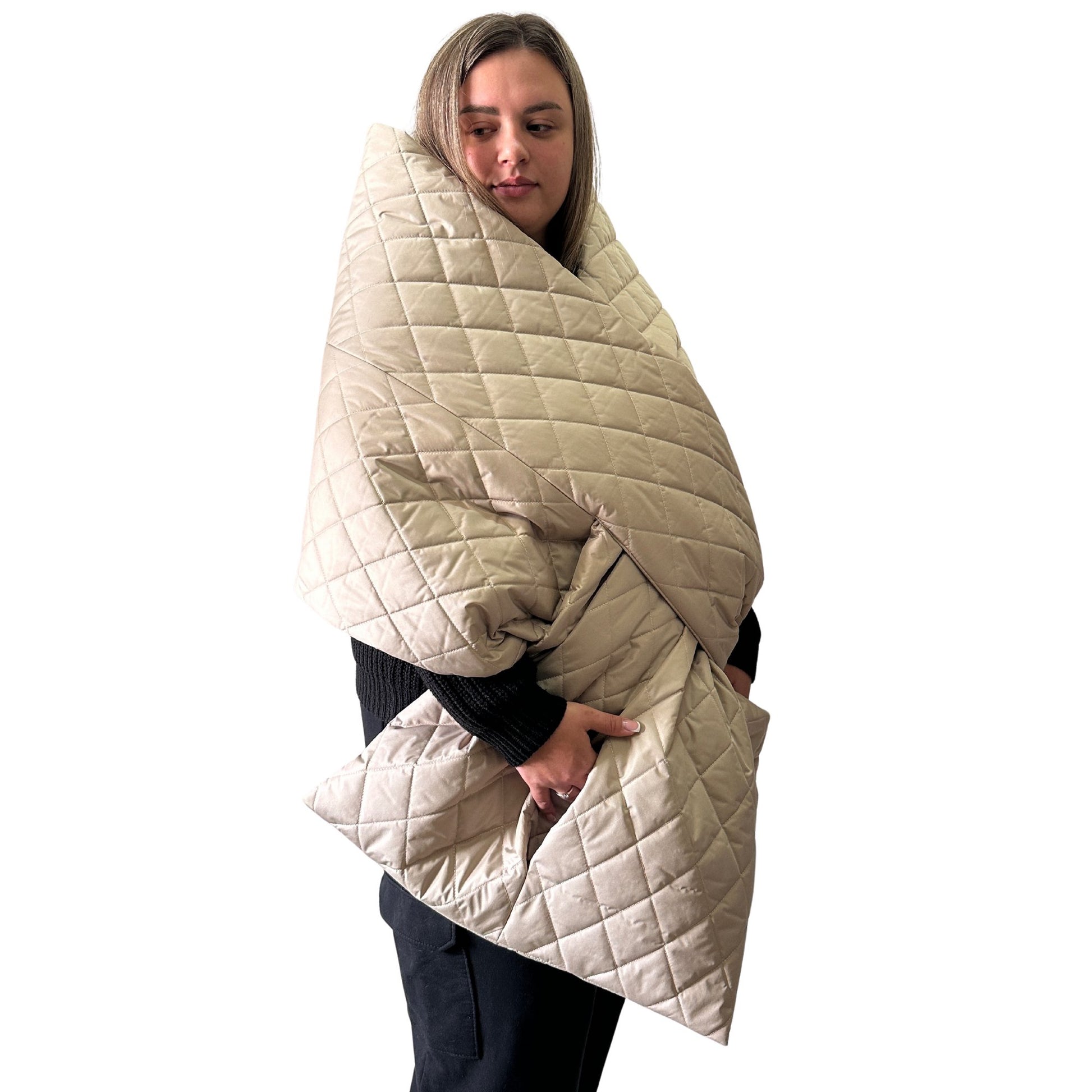 Plus Size Beige Quilted Scarf – Long Wide Puffer Scarf 25x100 inches with 2 Pockets and Belt - My Love Cape