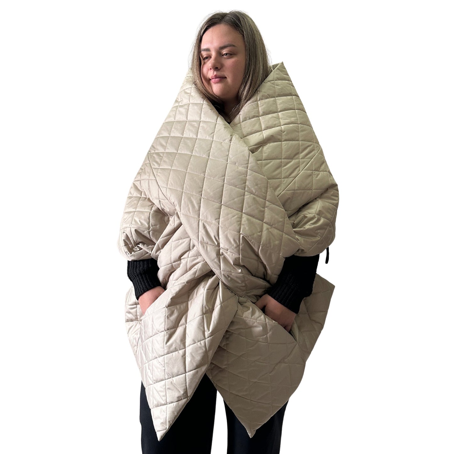 Plus Size Beige Quilted Scarf – Long Wide Puffer Scarf 25x100 inches with 2 Pockets and Belt - My Love Cape