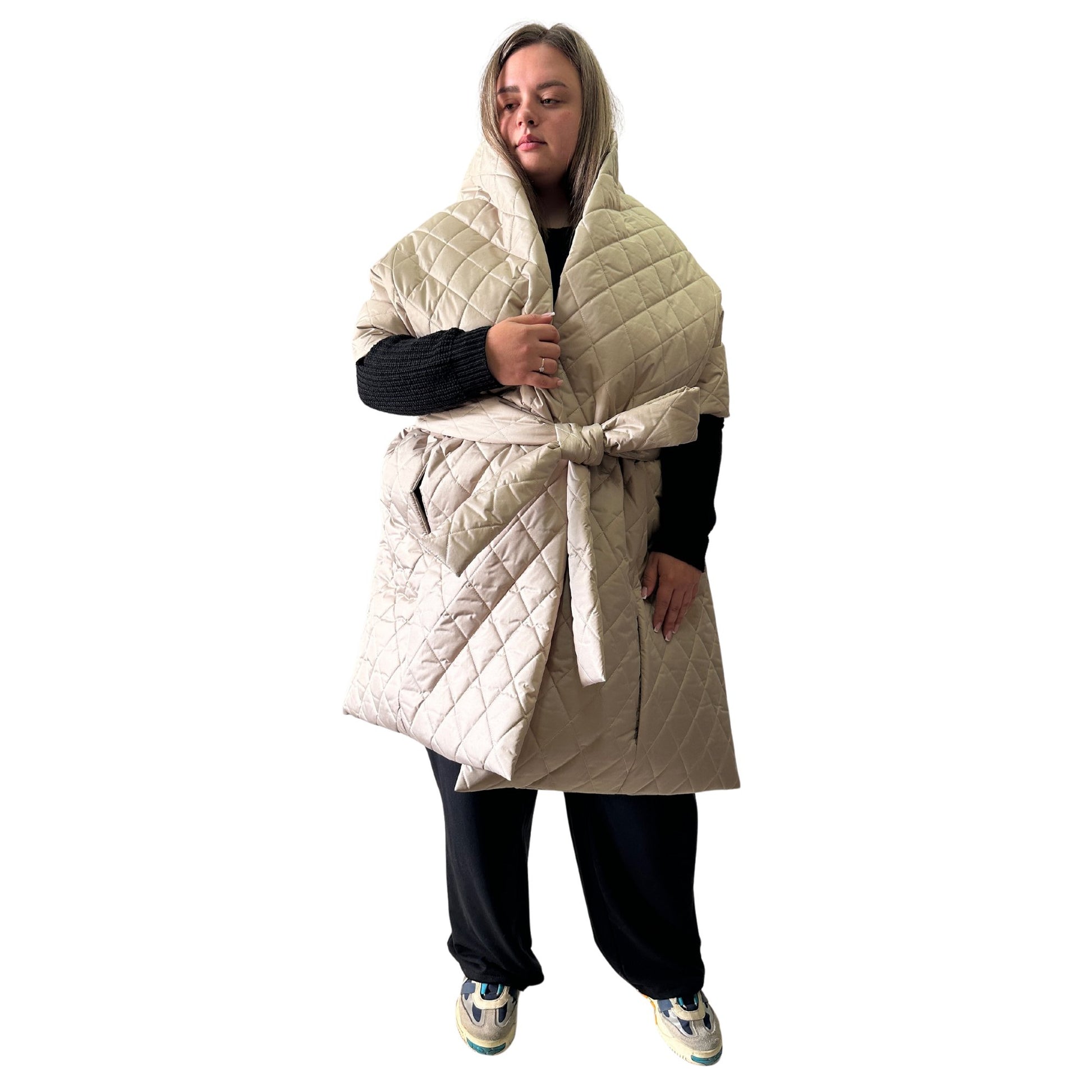 Plus Size Beige Quilted Scarf – Long Wide Puffer Scarf 25x100 inches with 2 Pockets and Belt - My Love Cape