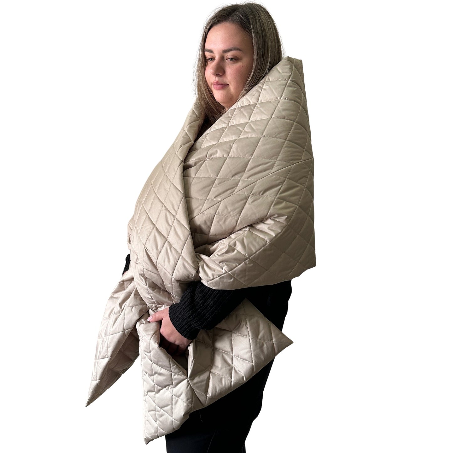 Plus Size Beige Quilted Scarf – Long Wide Puffer Scarf 25x100 inches with 2 Pockets and Belt - My Love Cape