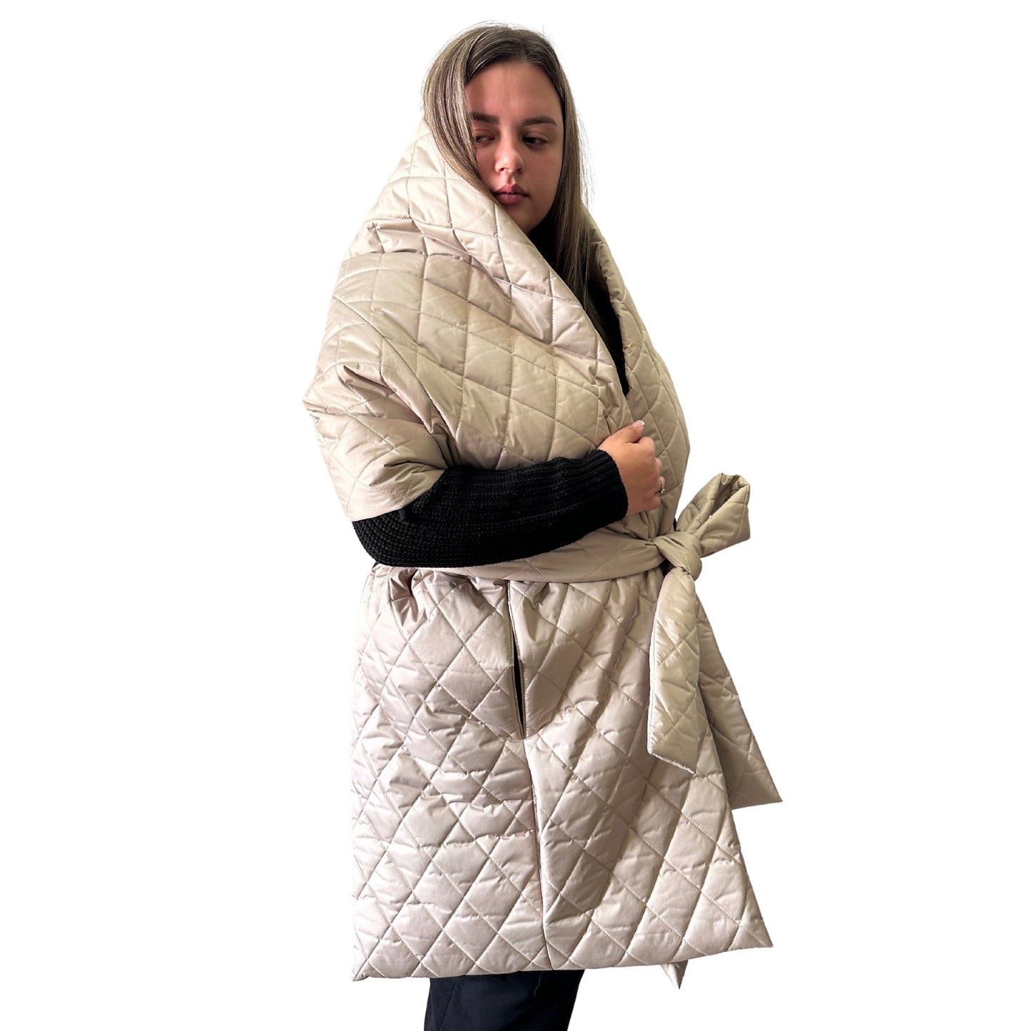 Plus Size Beige Quilted Scarf – Long Wide Puffer Scarf 25x100 inches with 2 Pockets and Belt - My Love Cape