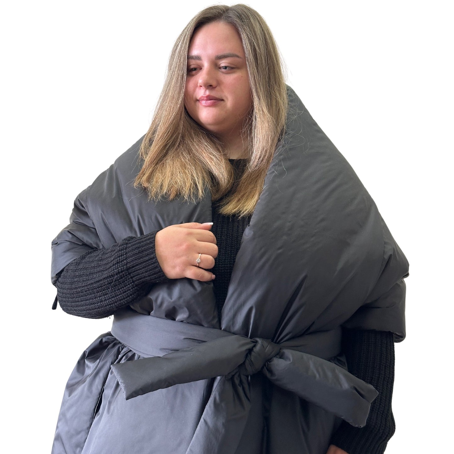 Plus Size Black Long Wide Scarf Puffer – 25x100 inches with 2 Pockets and Belt - My Love Cape