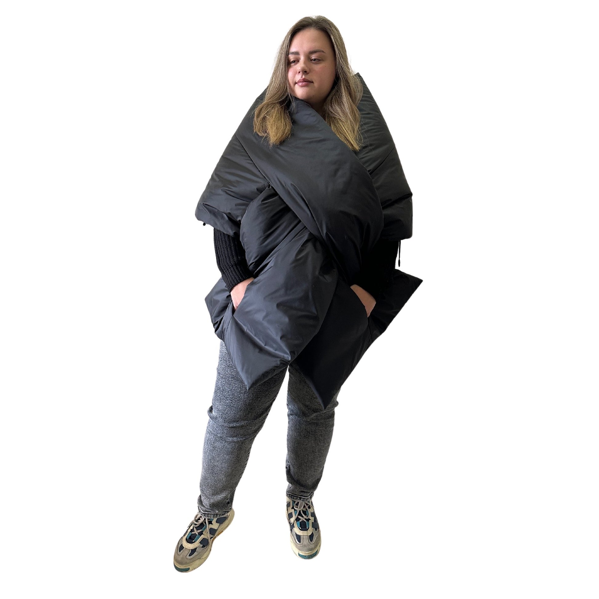 Plus Size Black Long Wide Scarf Puffer – 25x100 inches with 2 Pockets and Belt - My Love Cape