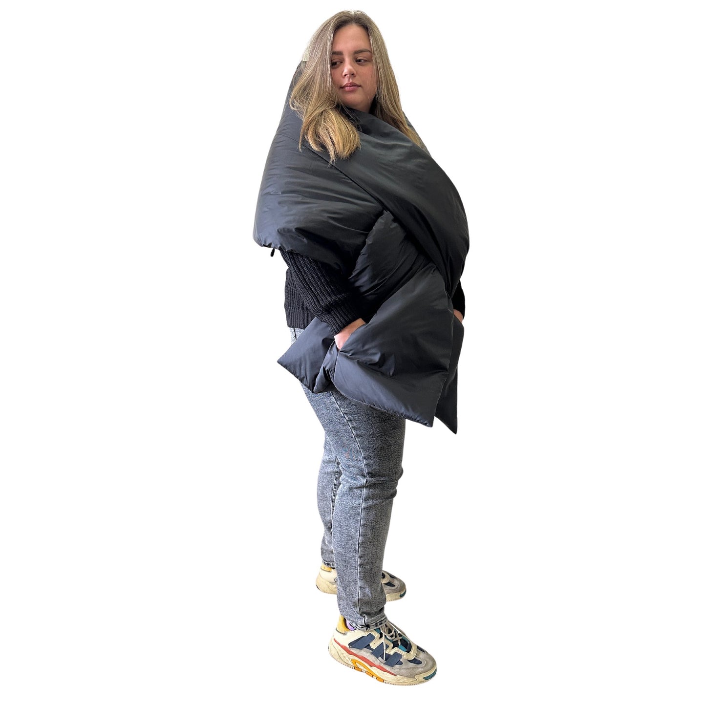 Plus Size Black Long Wide Scarf Puffer – 25x100 inches with 2 Pockets and Belt - My Love Cape