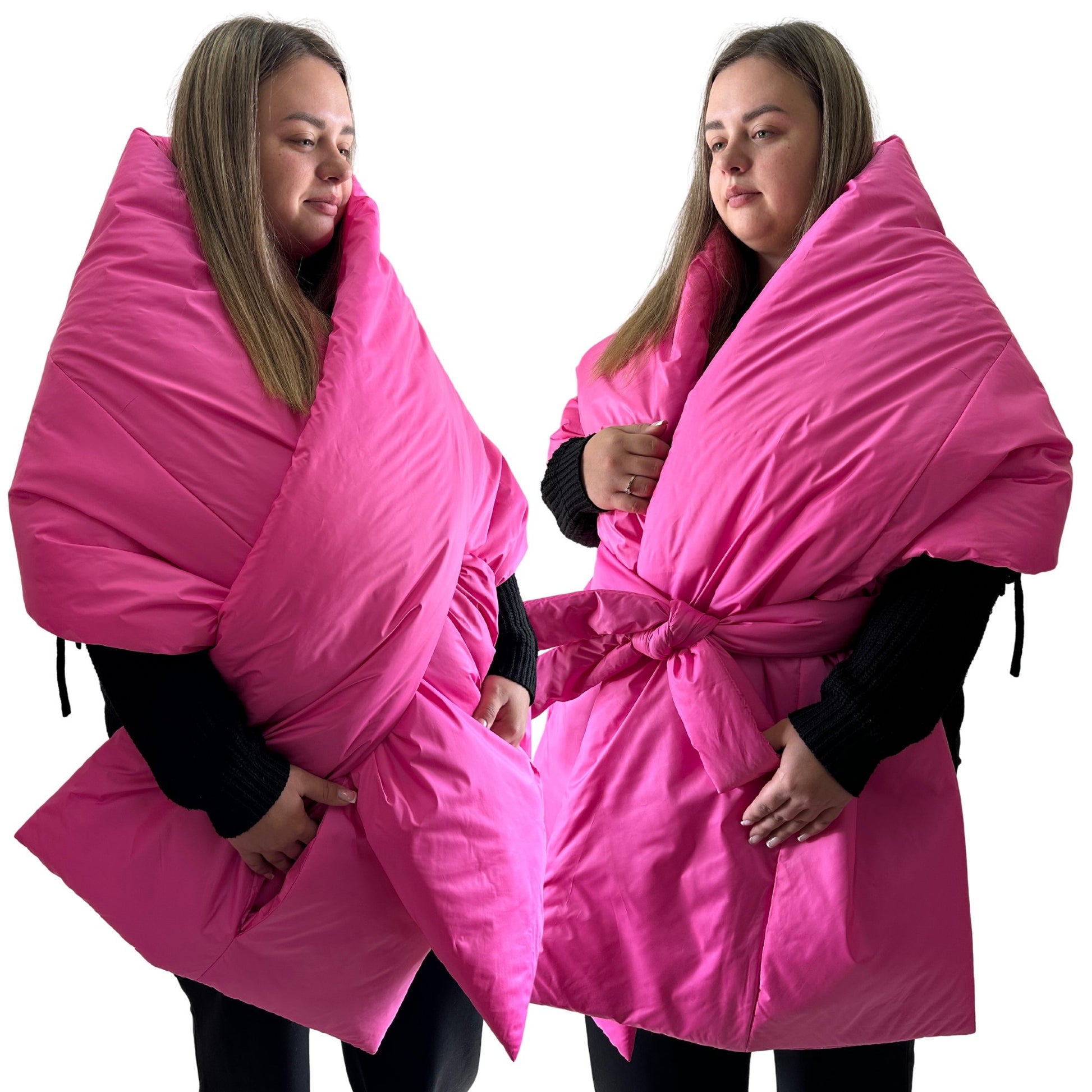 Plus Size Hot Pink Long Wide Scarf Puffer – 25x100 inches with 2 Pockets and Belt - My Love Cape