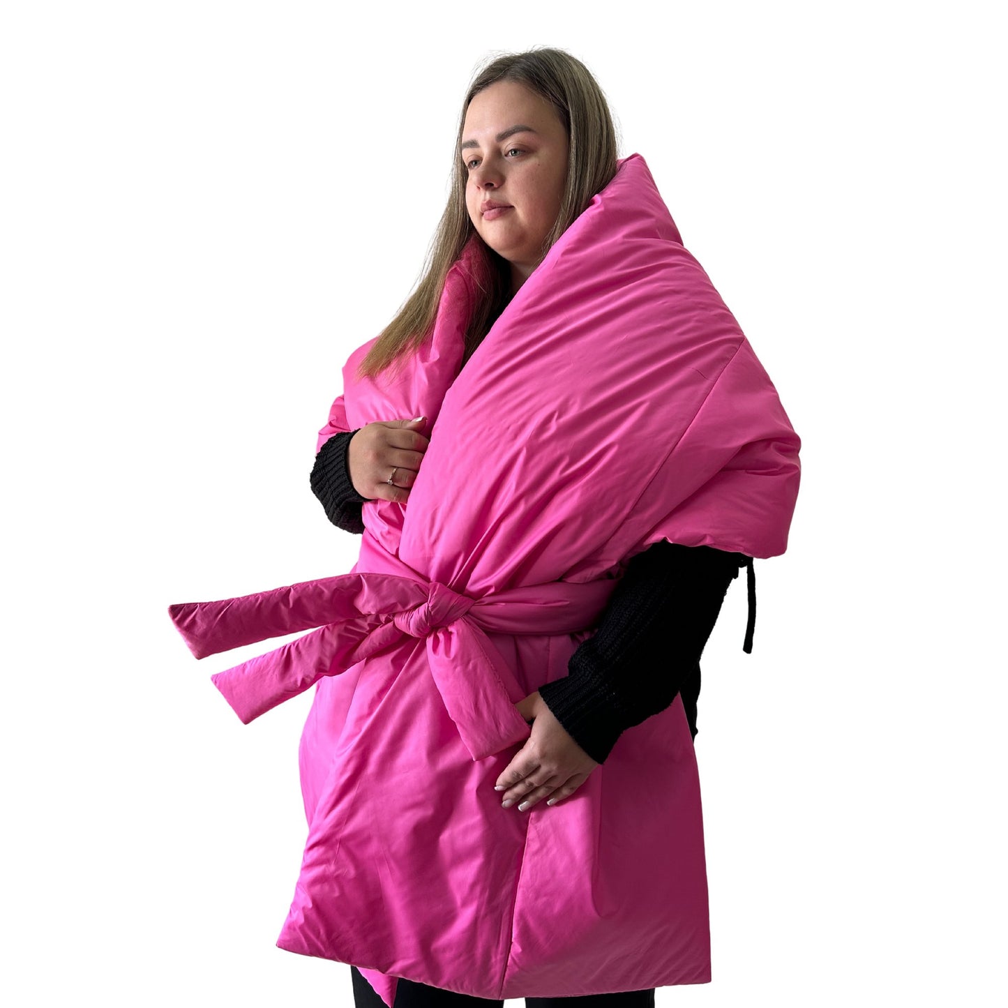 Plus Size Hot Pink Long Wide Scarf Puffer – 25x100 inches with 2 Pockets and Belt - My Love Cape