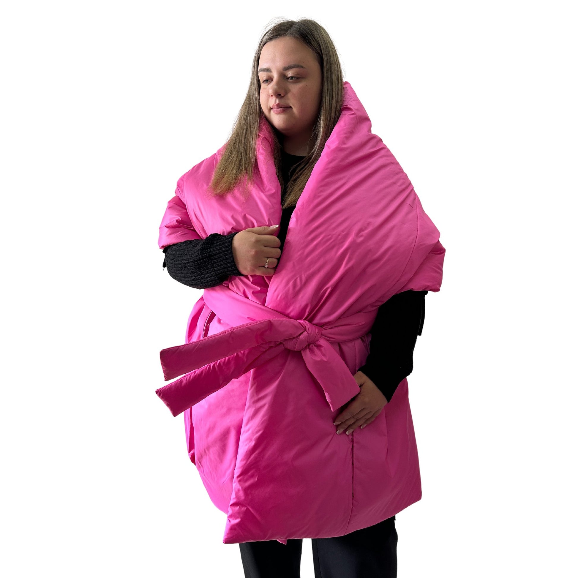 Plus Size Hot Pink Long Wide Scarf Puffer – 25x100 inches with 2 Pockets and Belt - My Love Cape