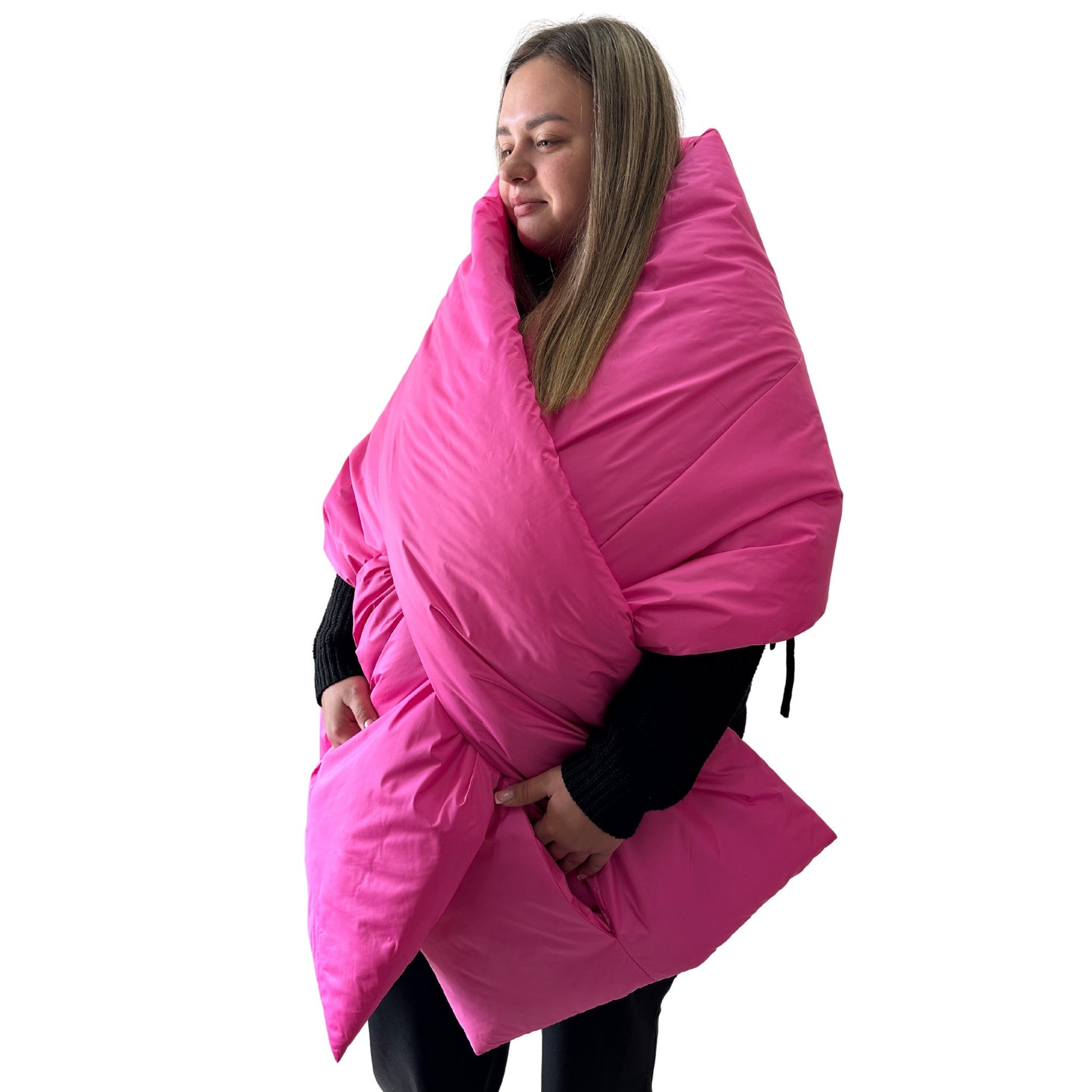 Plus Size Hot Pink Long Wide Scarf Puffer – 25x100 inches with 2 Pockets and Belt - My Love Cape