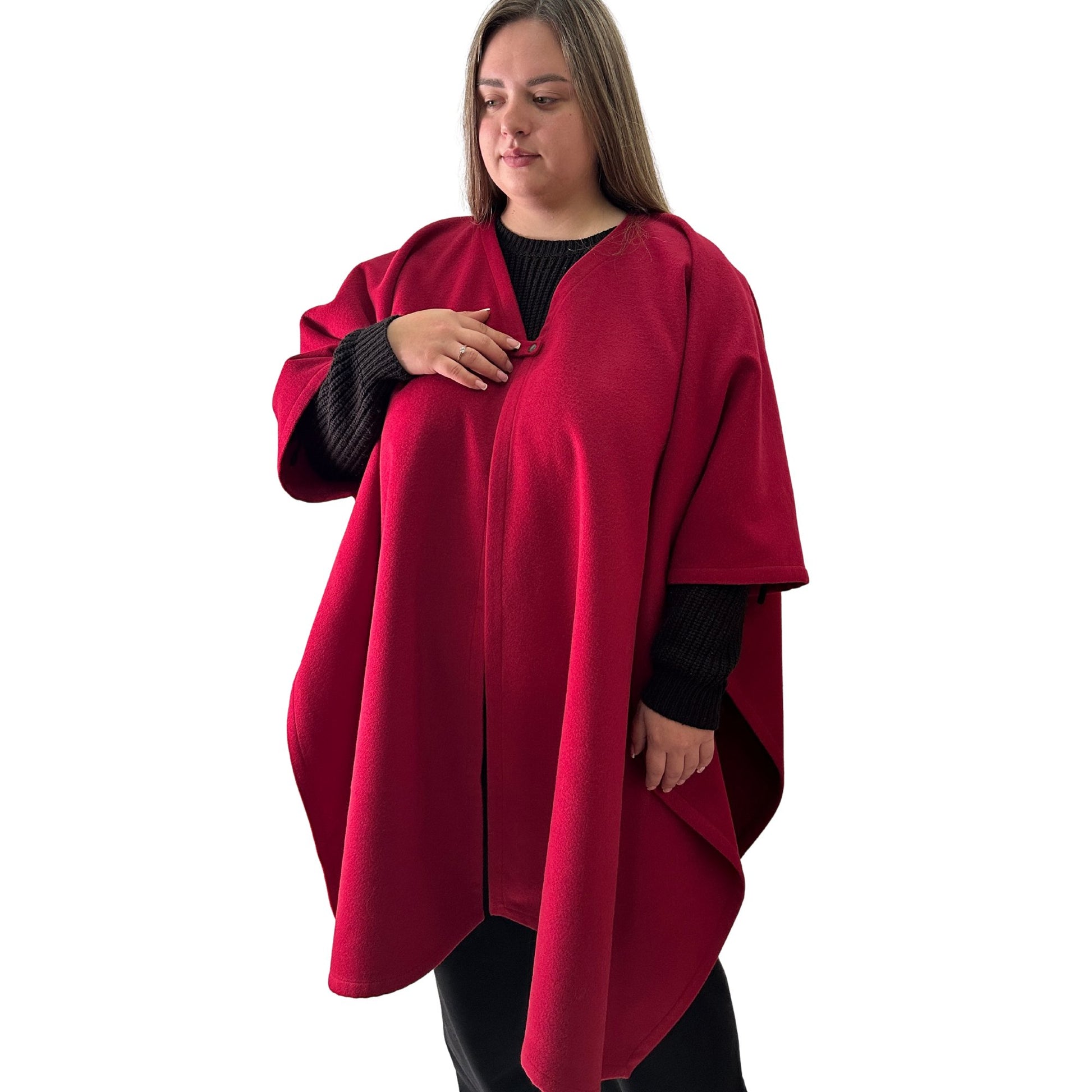 Plus Size Minimalist Long Women’s Cherry Cape Coat – Woolen Poncho Cloak, Cashmere Wool Blend Cape - My Love Cape