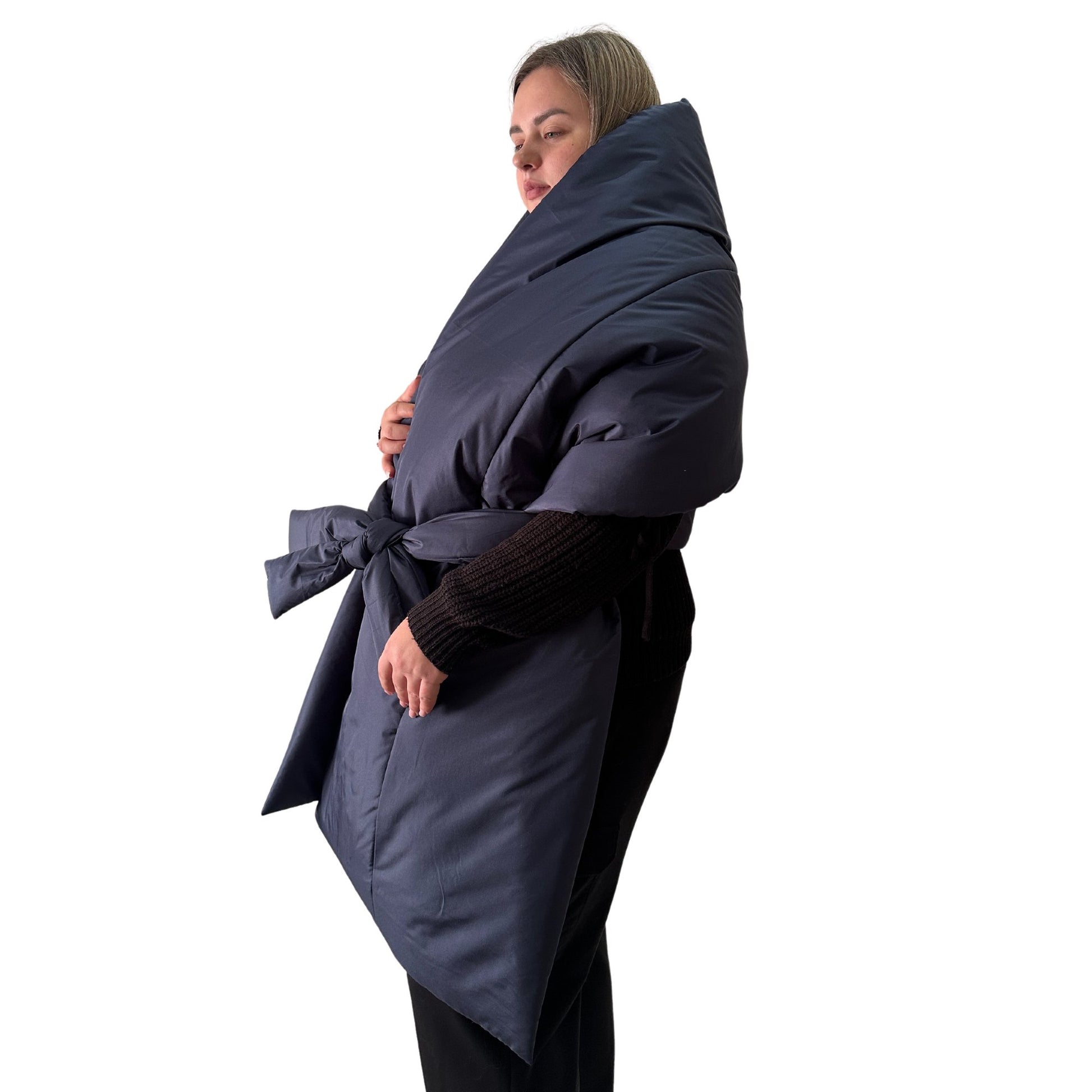 Plus Size Navy Puffer Scarf – Long Wide Scarf, 25x100 inches with 2 Pockets and Belt - My Love Cape