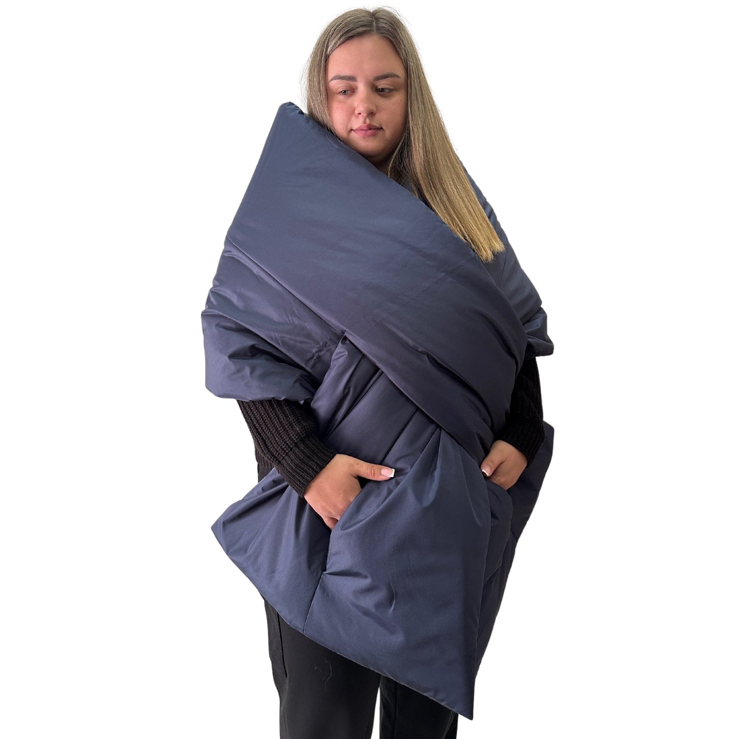 Plus Size Navy Puffer Scarf – Long Wide Scarf, 25x100 inches with 2 Pockets and Belt - My Love Cape