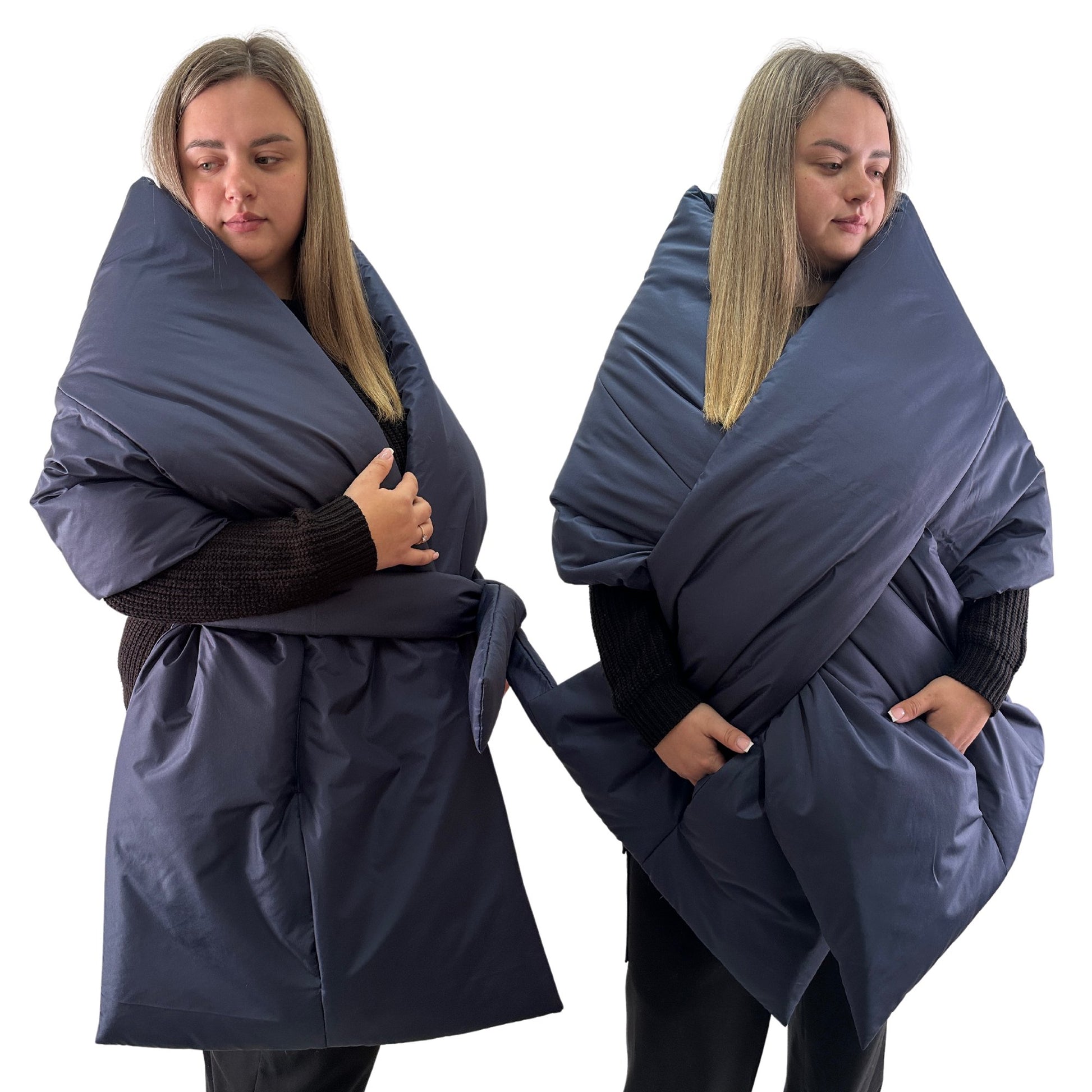 Plus Size Navy Puffer Scarf – Long Wide Scarf, 25x100 inches with 2 Pockets and Belt - My Love Cape