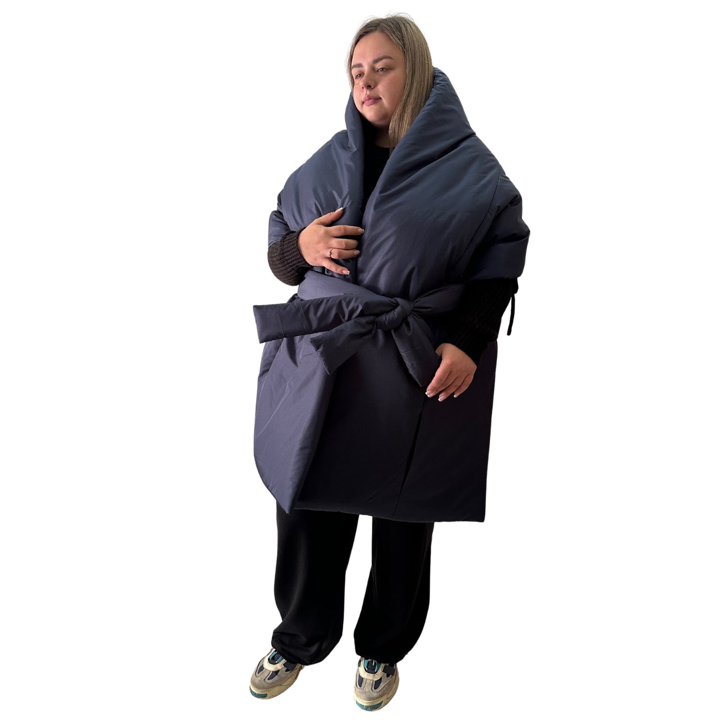 Plus Size Navy Puffer Scarf – Long Wide Scarf, 25x100 inches with 2 Pockets and Belt - My Love Cape