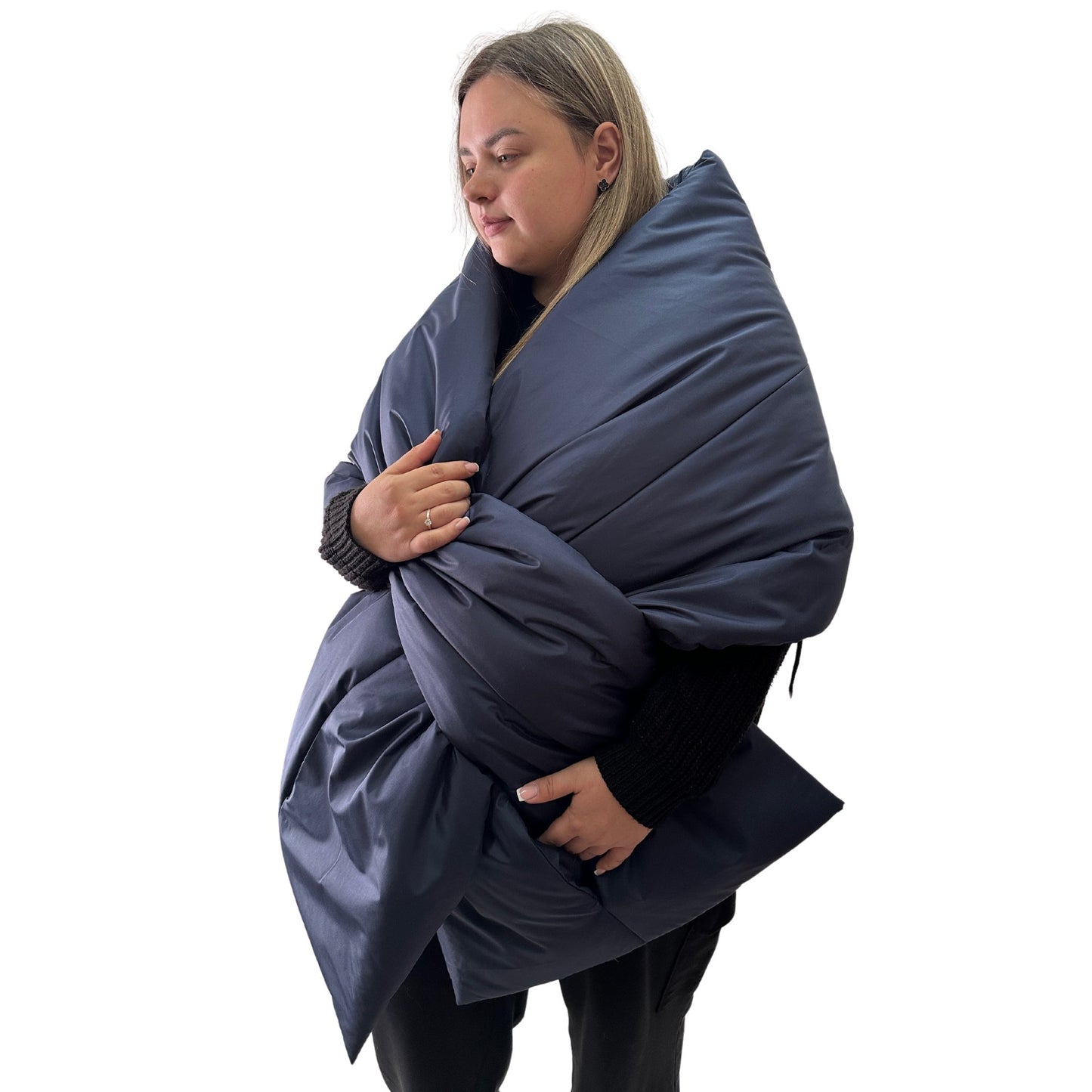 Plus Size Navy Puffer Scarf – Long Wide Scarf, 25x100 inches with 2 Pockets and Belt - My Love Cape