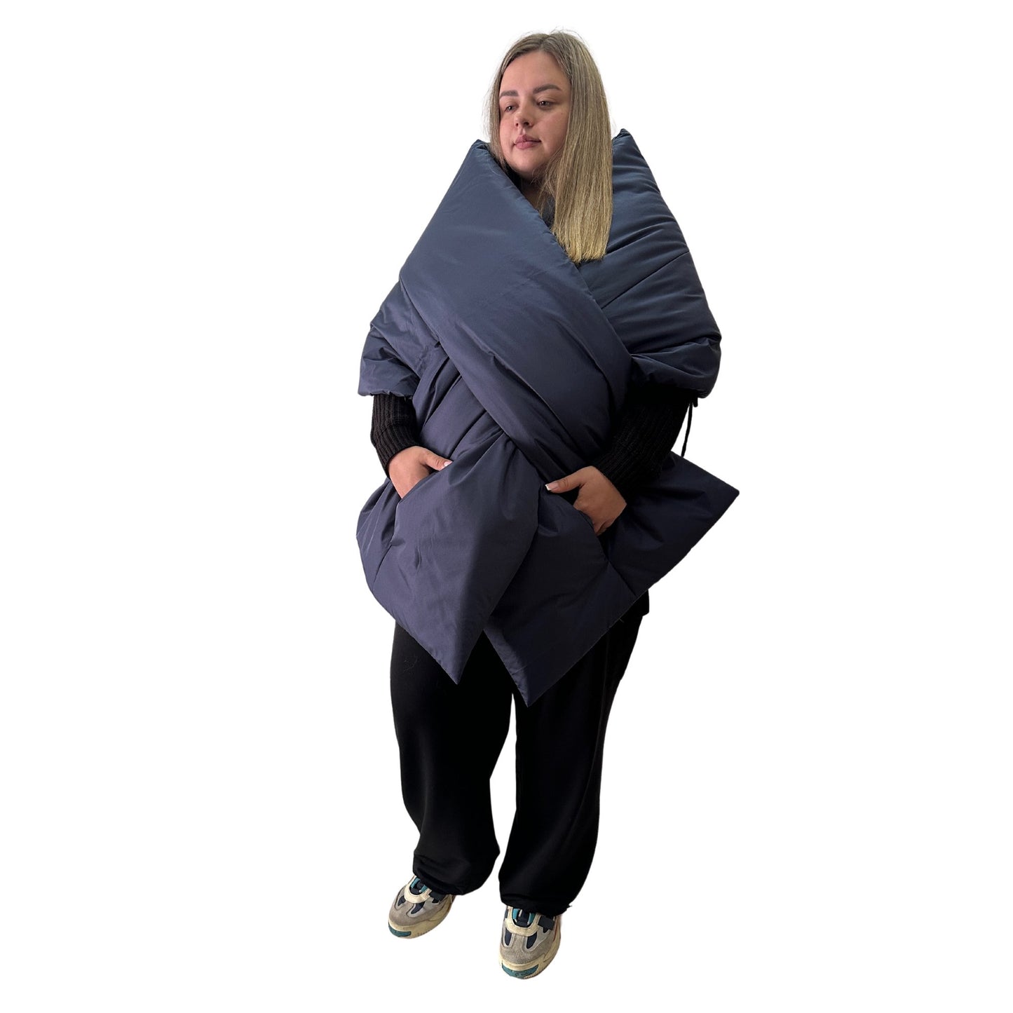 Plus Size Navy Puffer Scarf – Long Wide Scarf, 25x100 inches with 2 Pockets and Belt - My Love Cape