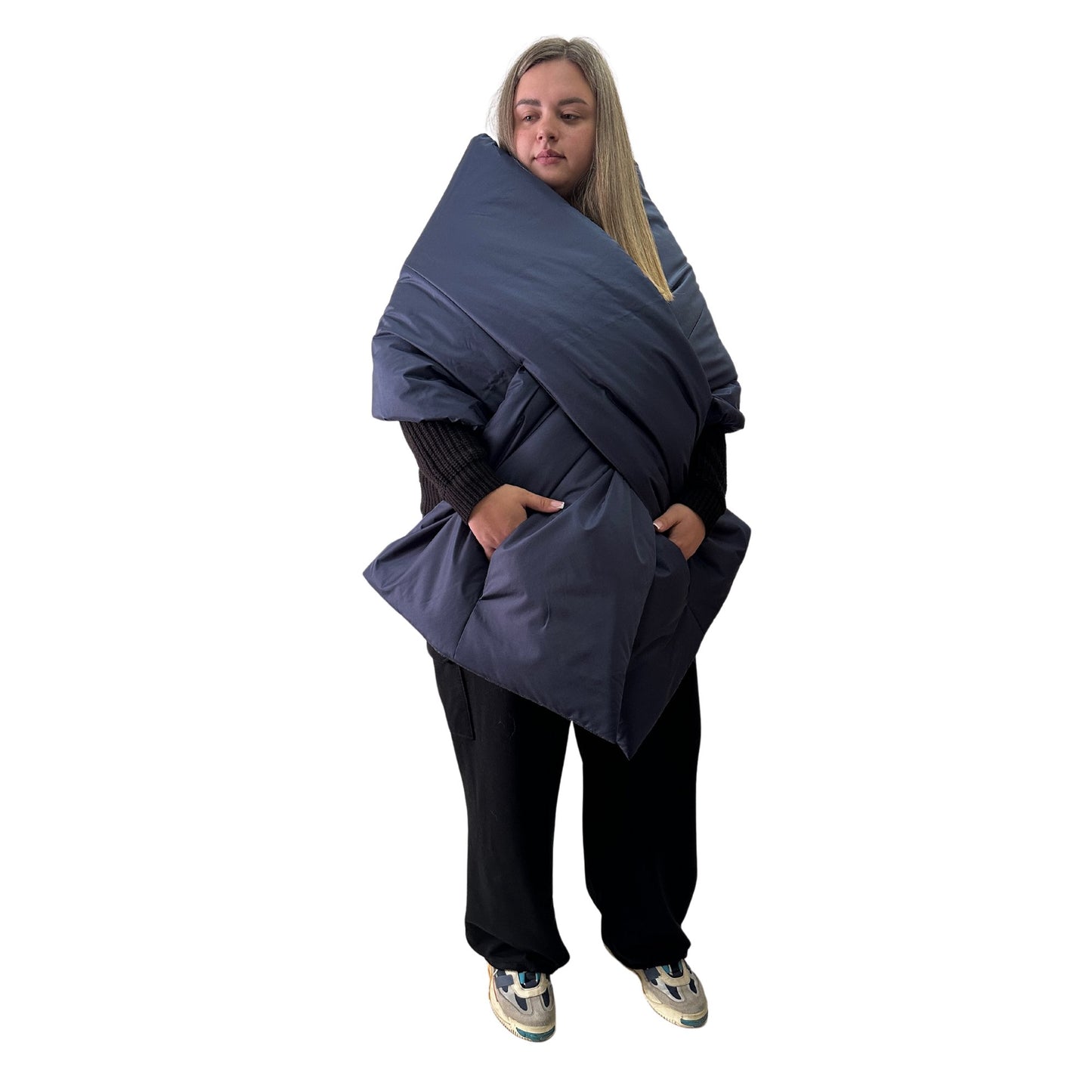 Plus Size Navy Puffer Scarf – Long Wide Scarf, 25x100 inches with 2 Pockets and Belt - My Love Cape