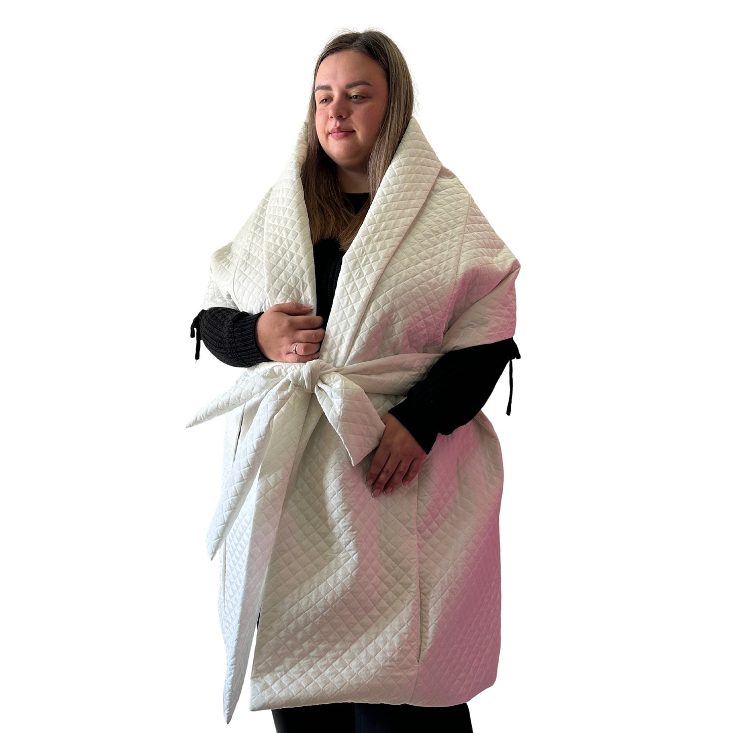 Plus Size White Quilted Scarf in Chanel Style – Long Wide Puffer Scarf 25x100 inches with 2 Pockets and Belt - My Love Cape