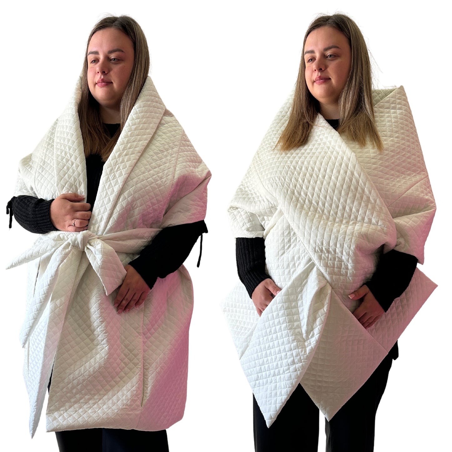 Plus Size White Quilted Scarf in Chanel Style – Long Wide Puffer Scarf 25x100 inches with 2 Pockets and Belt - My Love Cape