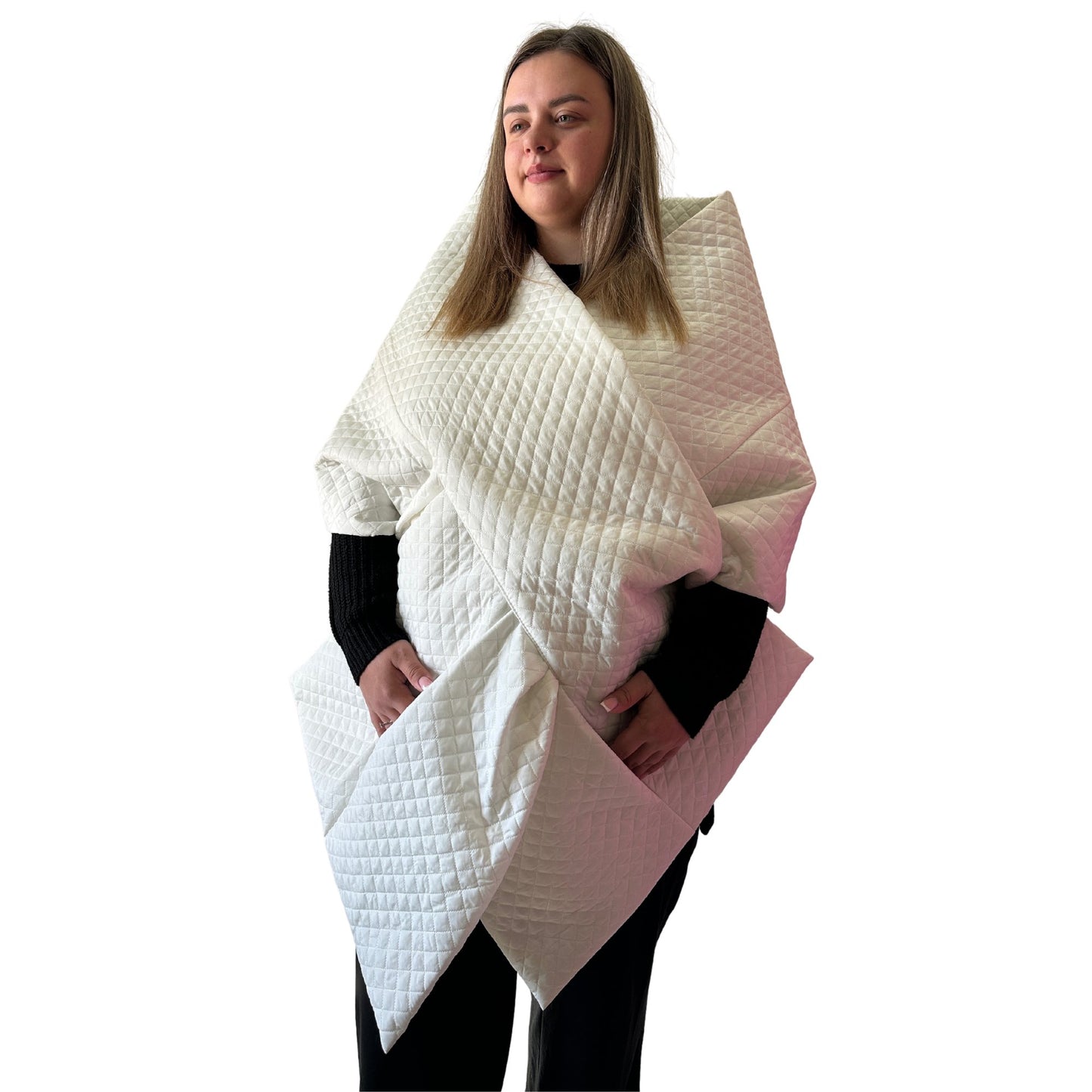 Plus Size White Quilted Scarf in Chanel Style – Long Wide Puffer Scarf 25x100 inches with 2 Pockets and Belt - My Love Cape