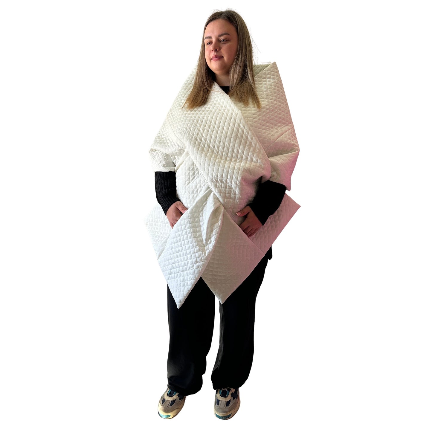 Plus Size White Quilted Scarf in Chanel Style – Long Wide Puffer Scarf 25x100 inches with 2 Pockets and Belt - My Love Cape