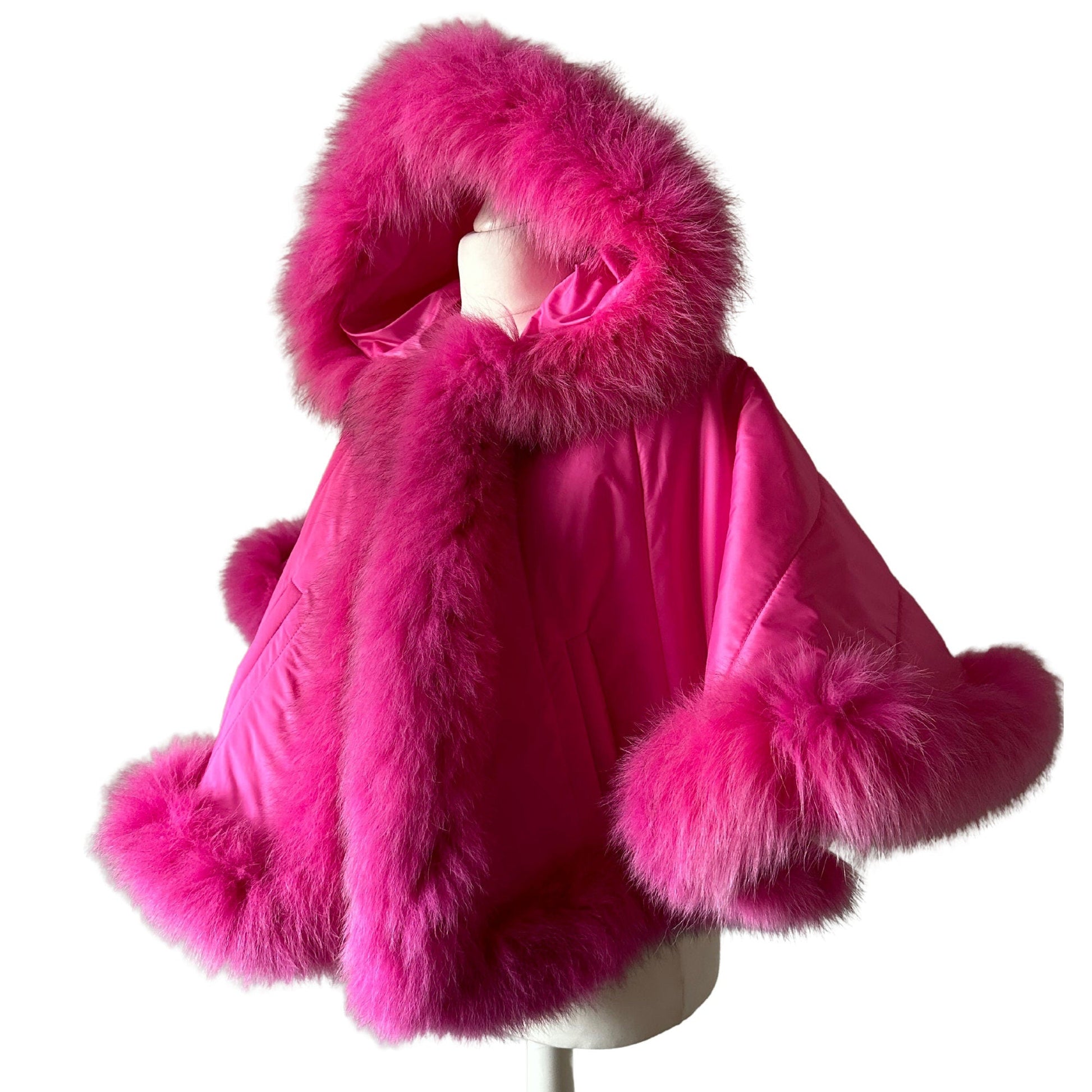 Puffer Berry Quilted Women Winter Coat Cape Trim Fox Fur, Hot Pink Winter Women's Poncho Jacket lined, Warm Women's coat with a hood - My Love Cape