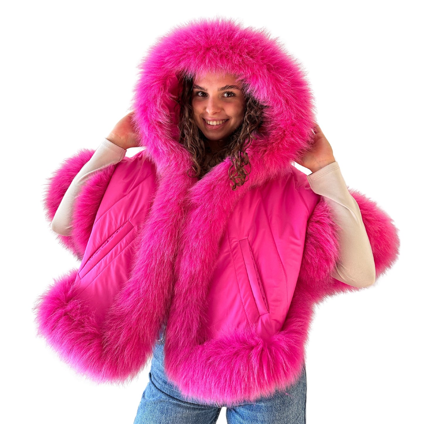 Puffer Berry Quilted Women Winter Coat Cape Trim Fox Fur, Hot Pink Winter Women's Poncho Jacket lined, Warm Women's coat with a hood - My Love Cape