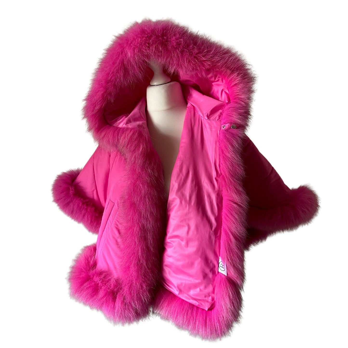 Puffer Berry Quilted Women Winter Coat Cape Trim Fox Fur, Hot Pink Winter Women's Poncho Jacket lined, Warm Women's coat with a hood - My Love Cape