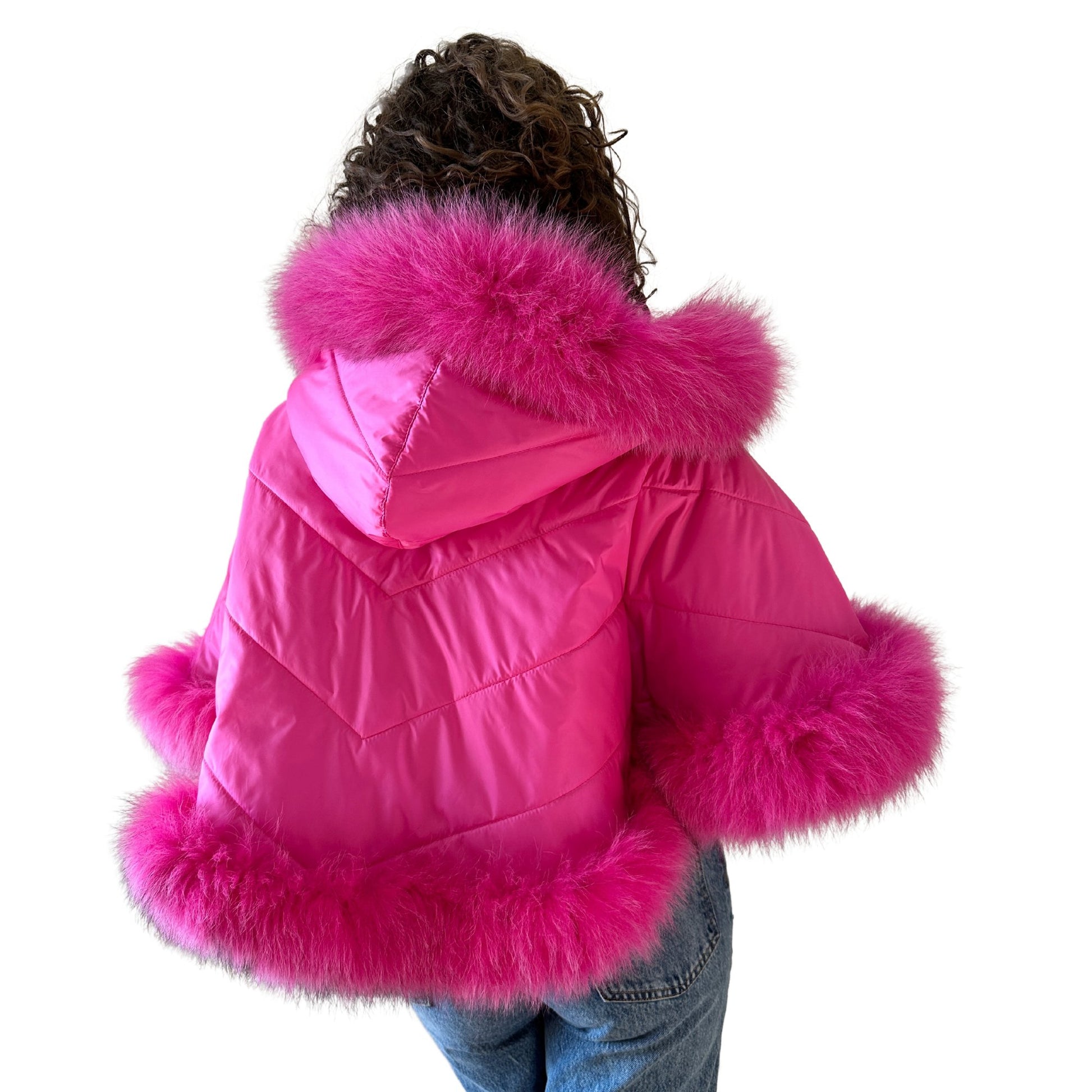 Puffer Berry Quilted Women Winter Coat Cape Trim Fox Fur, Hot Pink Winter Women's Poncho Jacket lined, Warm Women's coat with a hood - My Love Cape