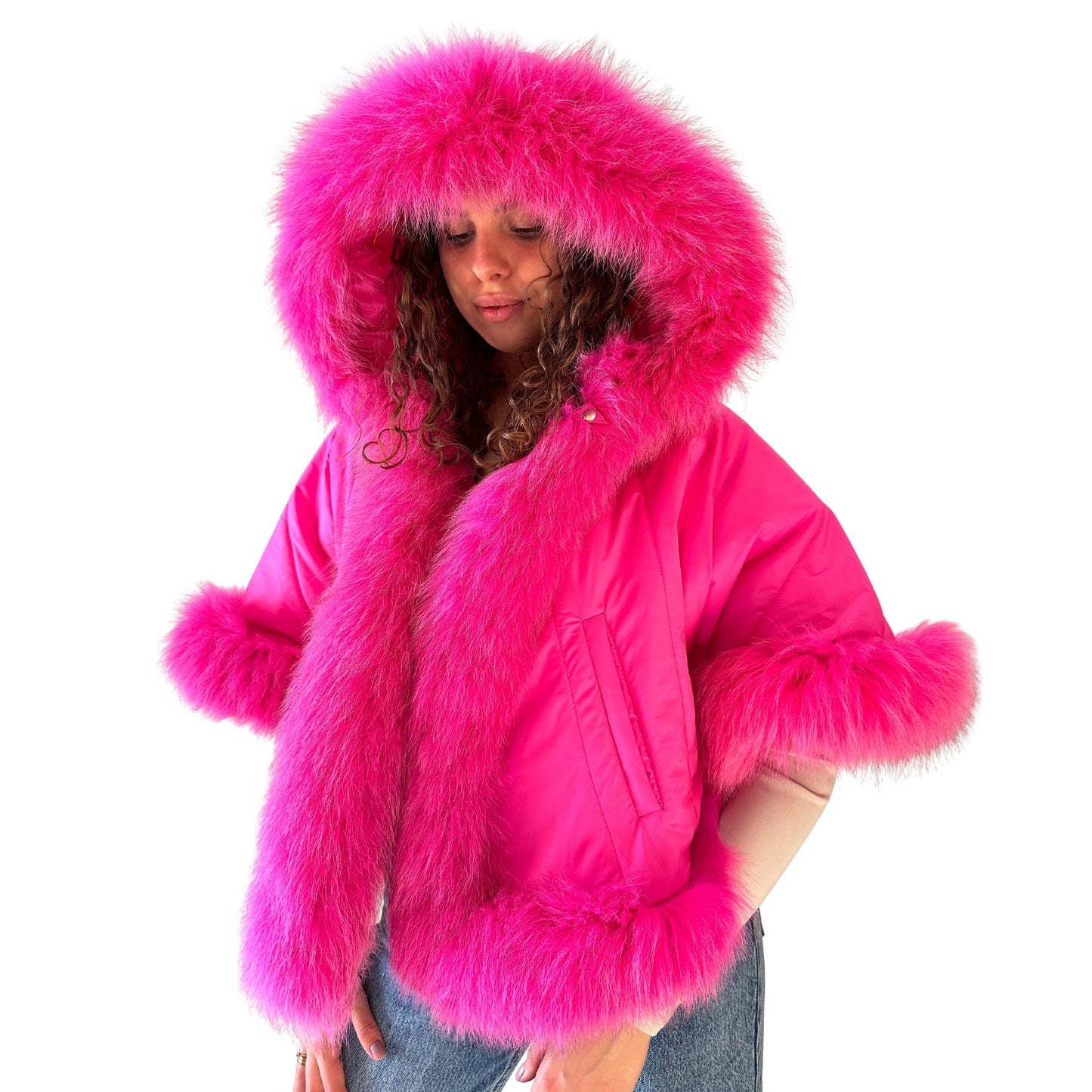 Puffer Berry Quilted Women Winter Coat Cape Trim Fox Fur, Hot Pink Winter Women's Poncho Jacket lined, Warm Women's coat with a hood - My Love Cape