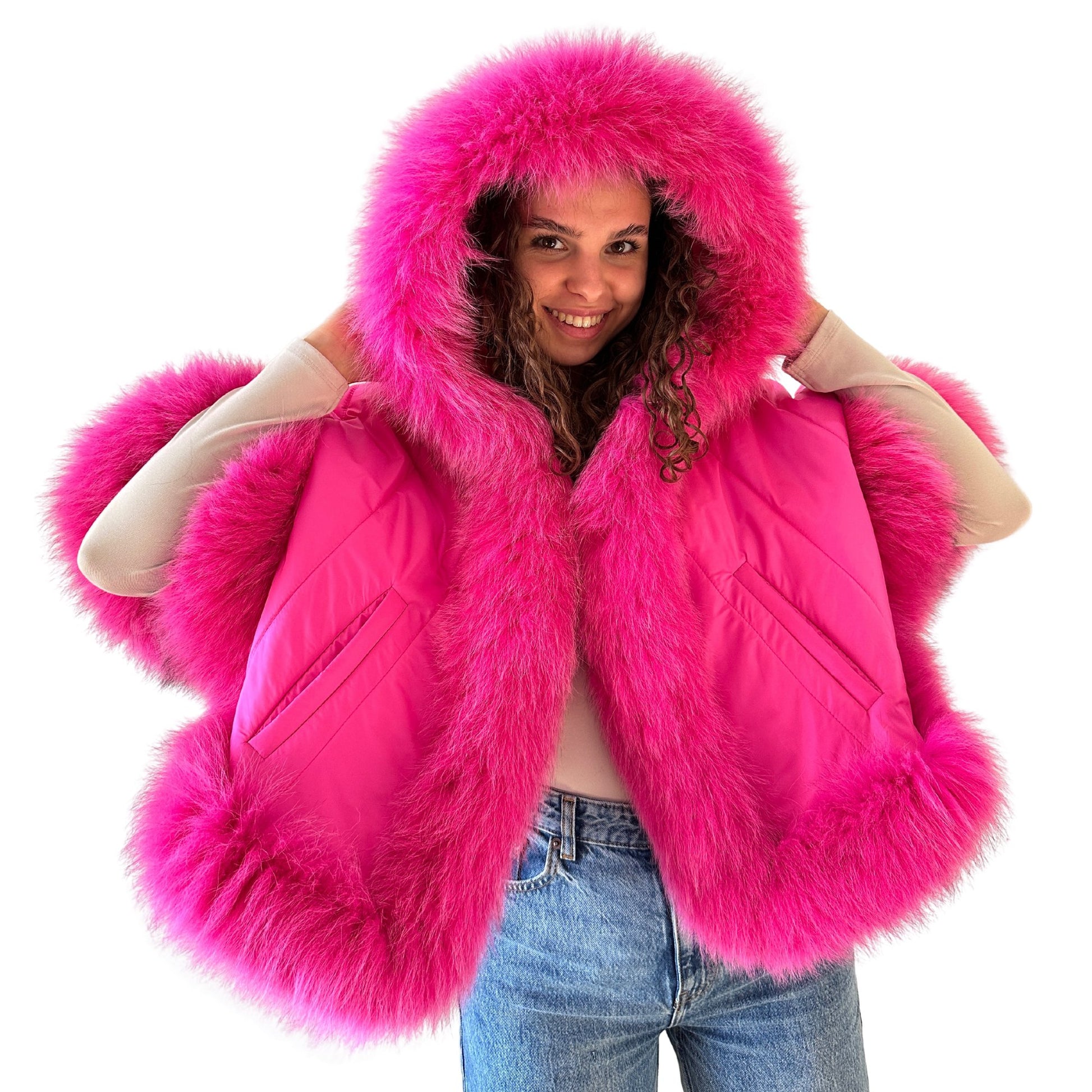 Puffer Berry Quilted Women Winter Coat Cape Trim Fox Fur, Hot Pink Winter Women's Poncho Jacket lined, Warm Women's coat with a hood - My Love Cape