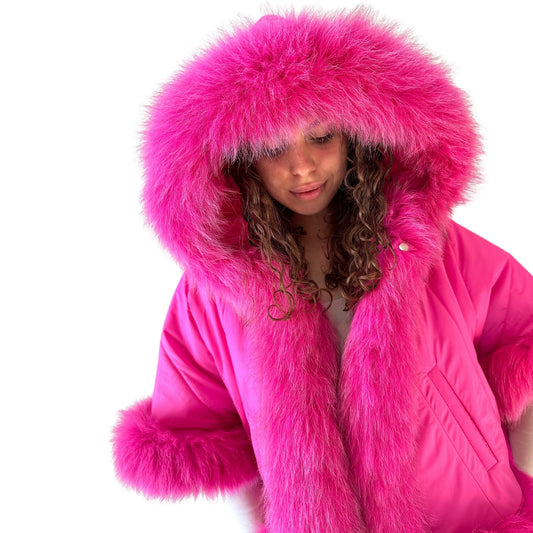 Puffer Berry Quilted Women Winter Coat Cape Trim Fox Fur, Hot Pink Winter Women's Poncho Jacket lined, Warm Women's coat with a hood - My Love Cape