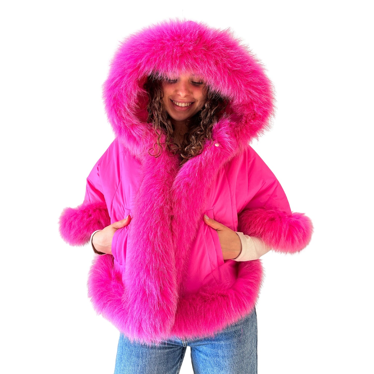 Puffer Berry Quilted Women Winter Coat Cape Trim Fox Fur, Hot Pink Winter Women's Poncho Jacket lined, Warm Women's coat with a hood - My Love Cape