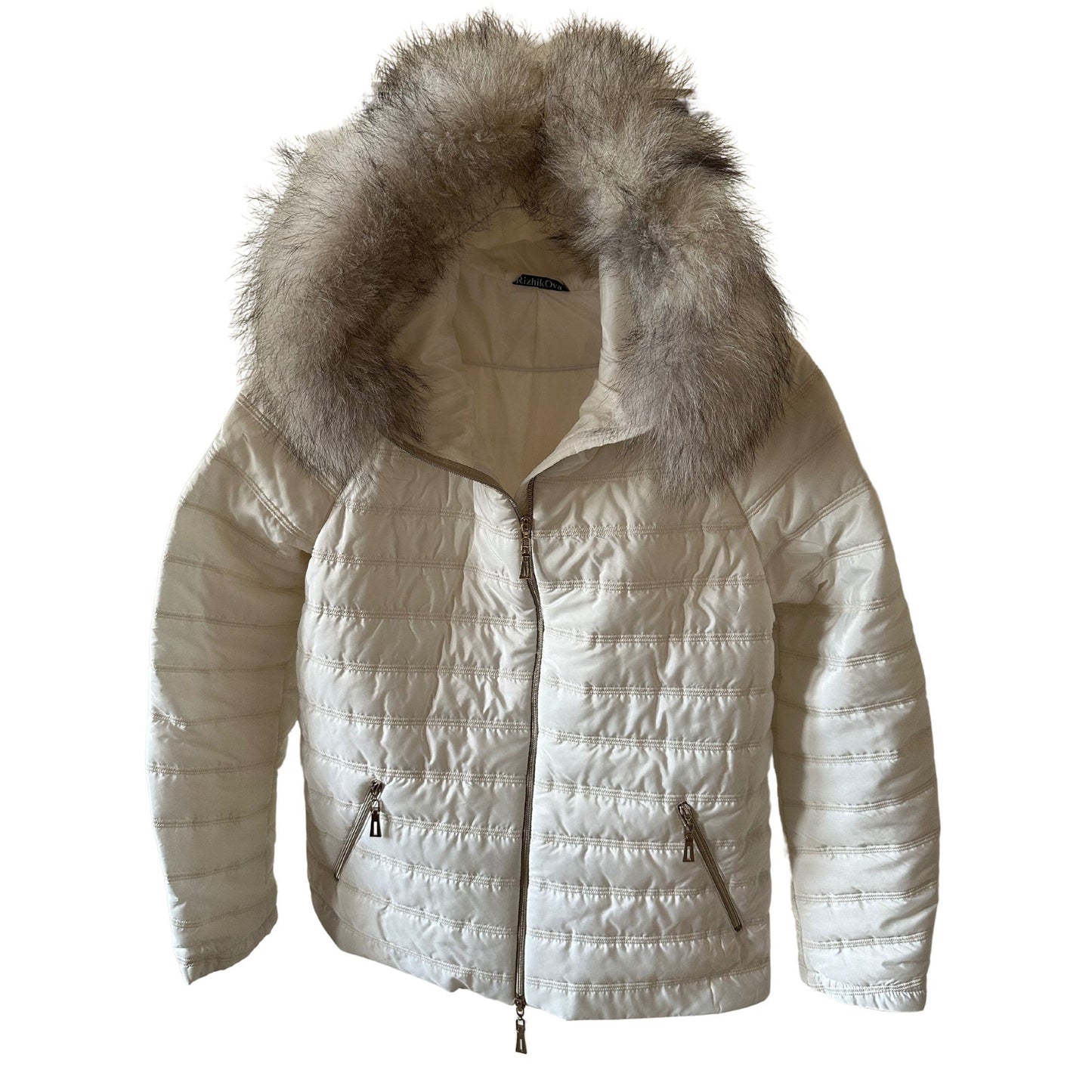 Puffer Cream Quilted Women's Mid - Season Jacket with Hood and Detachable Fox Fur Trim - My Love Cape