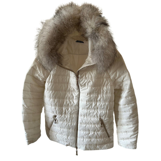 Puffer Cream Quilted Women's Mid - Season Jacket with Hood and Detachable Fox Fur Trim - My Love Cape